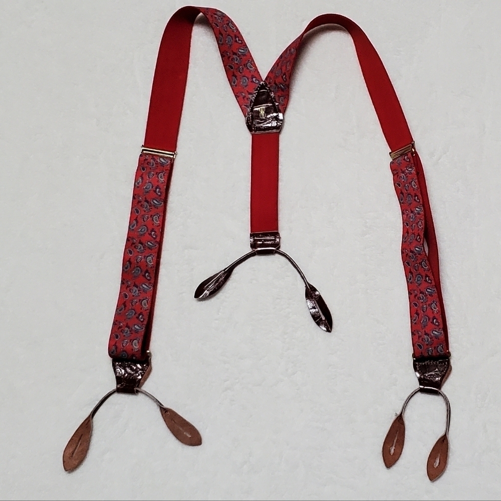 Bill Blass Vintage Stretchy Red Blue Paisley Gold Leather Button Tab Suspenders - Picture 10 of 13
